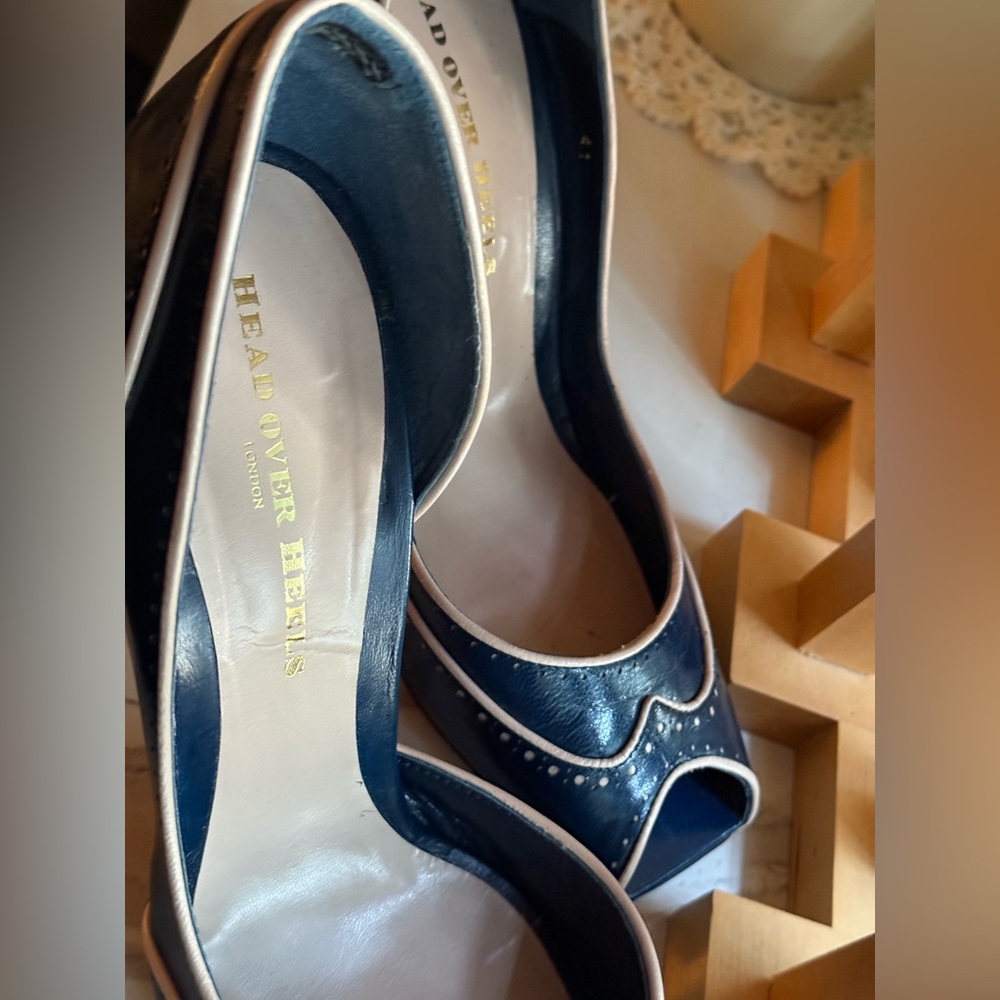 Head Over Heels London - Deep Blue Leather Wing-Tip, Squared Open Toe, D’Orsay - Picture 14 of 15